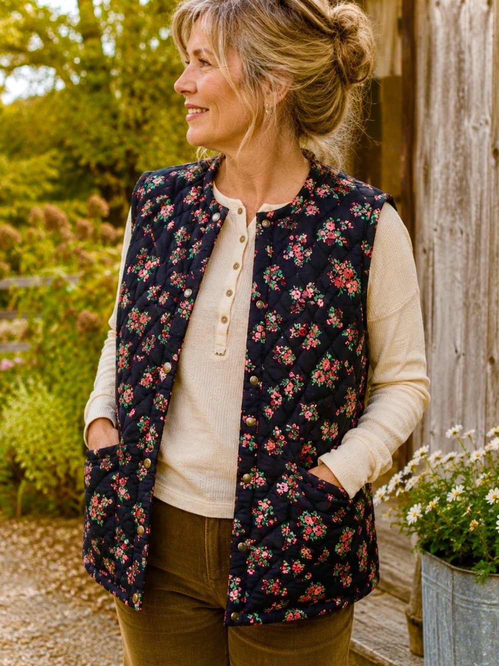 Lucky Brand Floral Quilted Vest NWT Cottagecore Snap Front Pockets Size S